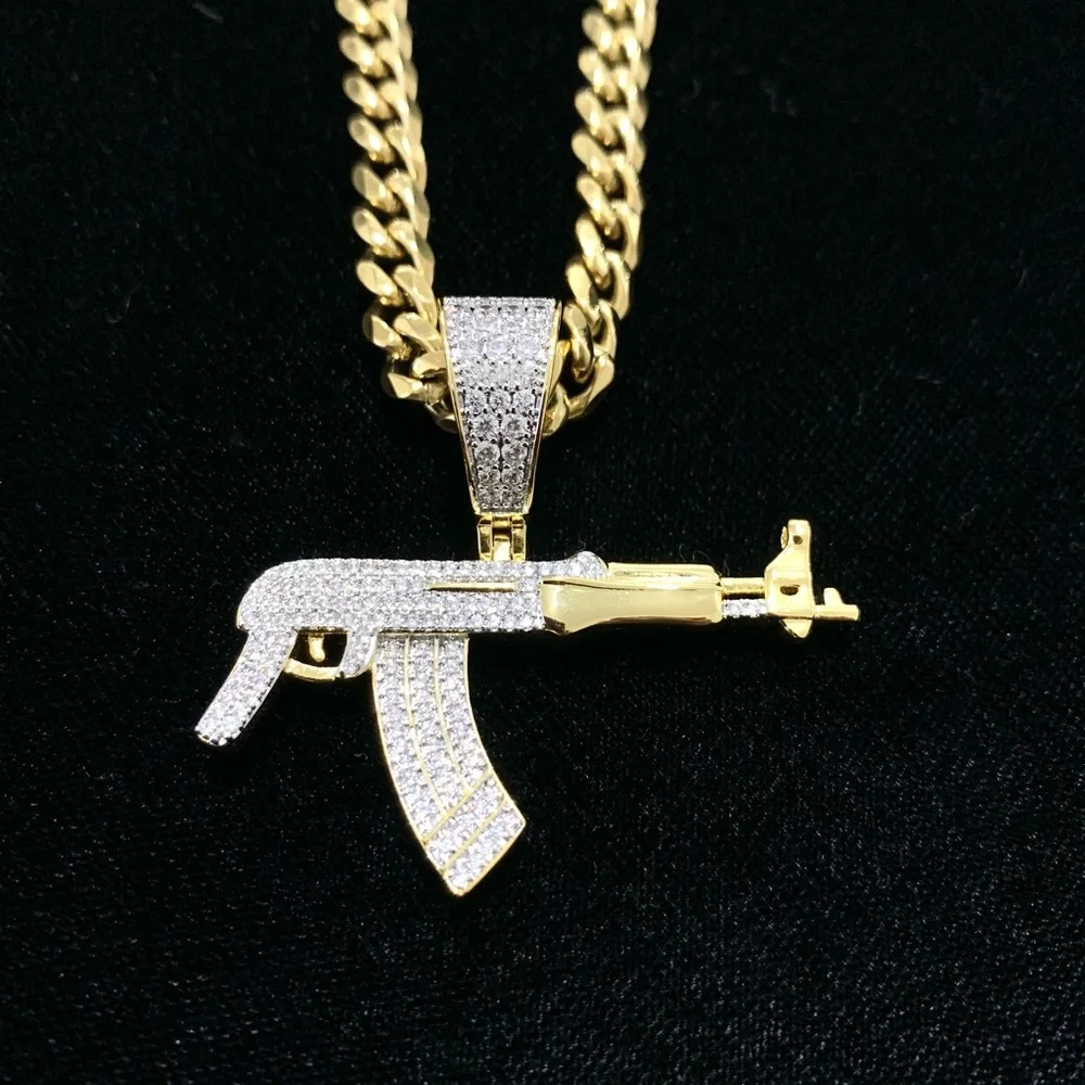 NEW 18K GOLD CUBAN LINK CHAIN AK 47 CHARM LAB DIAMONDS ITALY *LIFETIME WARRANTY*
